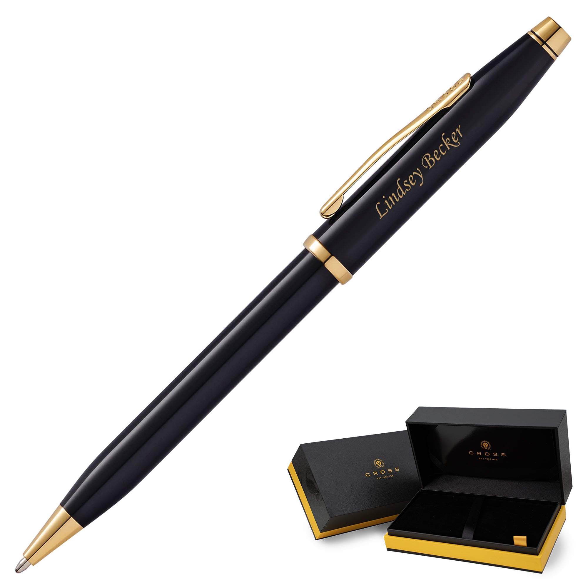 A luxury black and gold Cross Century II Black Lacquer Ballpoint Pen, elegantly presented in a gift box.
